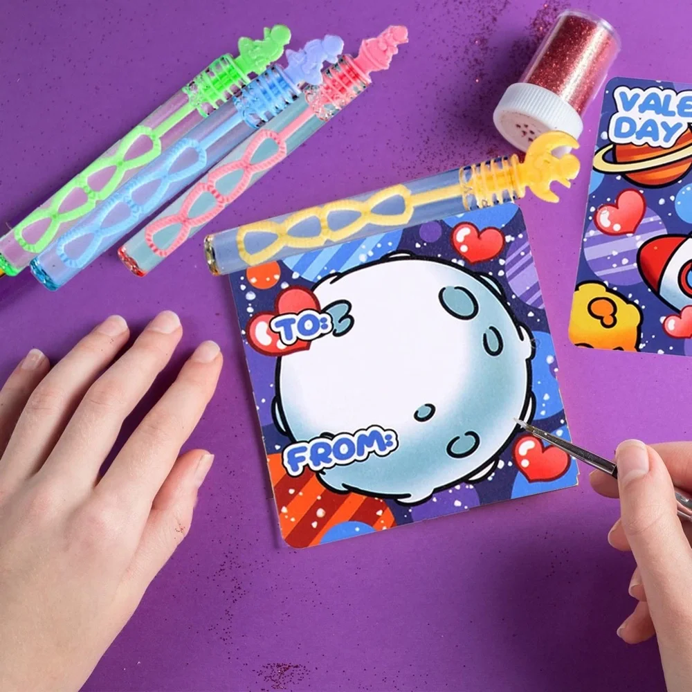 Valentines Day Cards Gifts w/Mini Bubble Wands Party Favors 42 Pack Space Themed